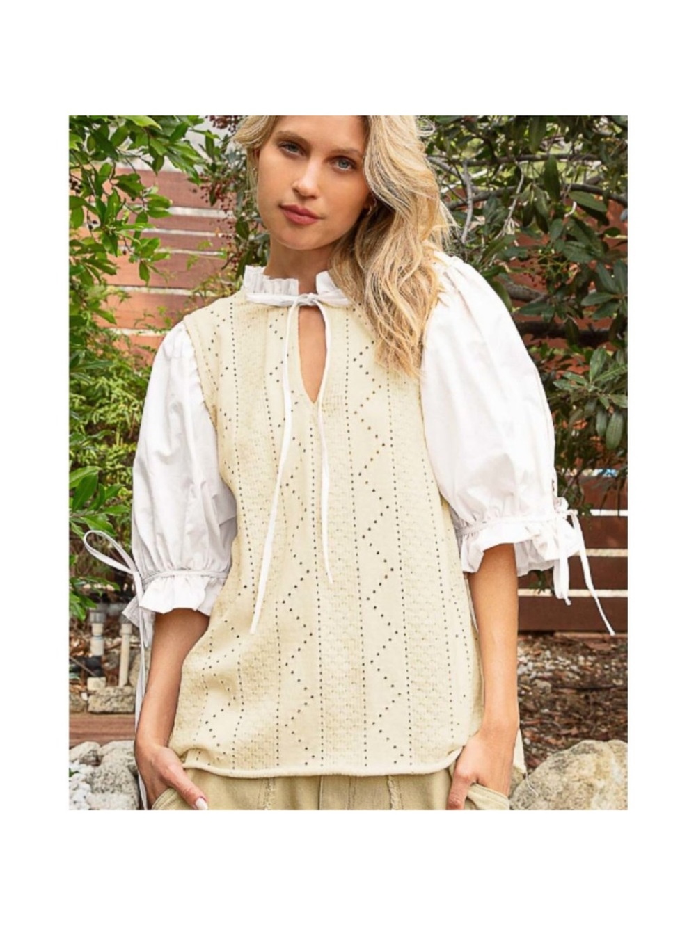 POL Cream Eyelet Layered Puff Sleeve Blouse Size Large